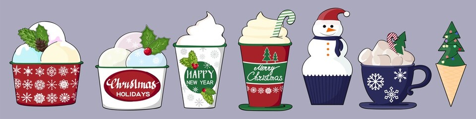 set of colorful delicious cupcakes, cakes, desserts, ice cream and donuts. Cupcake icons, flat style. Vector. elements for new year, holiday cards, birthday cards