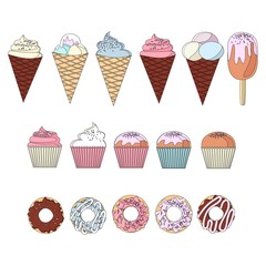 set of colorful delicious cupcakes, cakes, desserts, ice cream and donuts. Cupcake icons, flat style. Vector. elements for new year, holiday cards, birthday cards