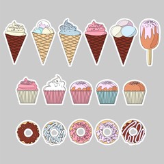 set of colorful delicious cupcakes, cakes, desserts, ice cream and donuts. Cupcake icons, flat style. Vector. elements for new year, holiday cards, birthday cards