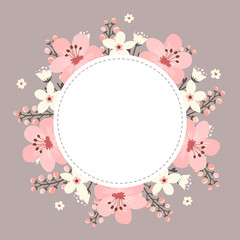 Floral greeting card and invitation template for wedding or birthday anniversary, Vector circle shape of text box label and frame, Pink flowers wreath ivy style with branch and leaves.