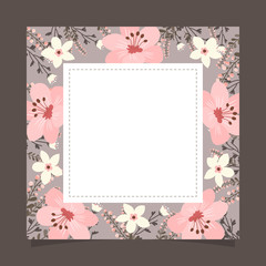 Floral greeting card and invitation template for wedding or birthday anniversary, Vector square shape of text box label and frame, Pink flowers wreath ivy style with branch and leaves.