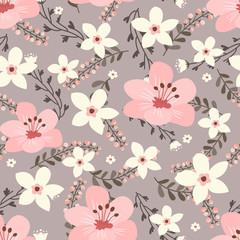 Floral vector artwork for apparel and fashion fabrics, Pink flowers wreath ivy style with branch and leaves. Seamless patterns background.