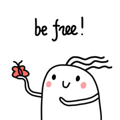 Be free hand drawn illustration with cute marshmallow and butterfly in a hand for prints posters notebooks articles and kid design