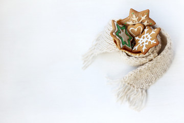 waffle cone figured gingerbread cookies with a scarf top view winter ice cream