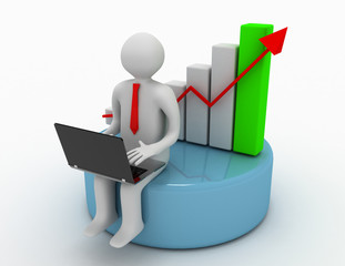 3d man sitting with Laptop with business graph