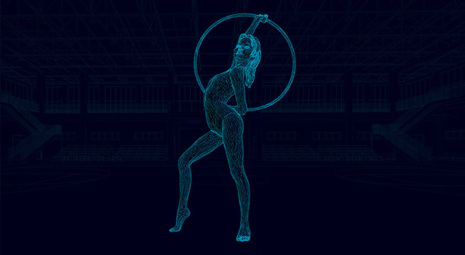 wire-frame illustration of a girl performing a gymnastics routine with hoop in a big gymnasium