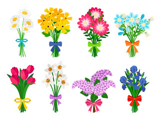 Fototapeta premium Bukiety ze świeżych kwiatów. Lato bukiet zestaw na białym tle, kobieta kwiaty prezent, tulipany i stokrotki, bzy i żonkile wiosenne pęczki ilustracji wektorowych