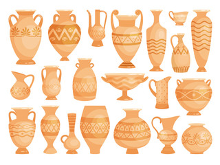 Greek vases. Ancient decorative pots isolated on white background, old antique clay greece pottery ceramic bowls vector illustration - obrazy, fototapety, plakaty