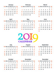 Calendar 2019. Vector. Week starts Sunday. Stationery 2019 year vertical pocket template in minimal simple style. Yearly calendar organizer, english. Portrait orientation. Colorful illustration.