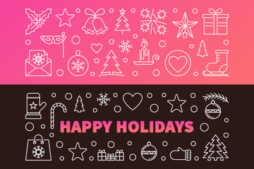 Happy Holidays colored banners. Vector set of two Winter Holiday banners in thin line style