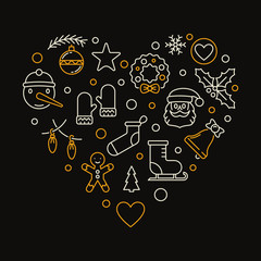 Heart of Xmas and New Year outline icons. Vector Merry Christmas creative illustration in thin line style on dark background