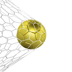 Fototapeta premium golden Realistic soccer ball or football ball in net isilated on white background. 3d Style Ball. Football game match goal moment
