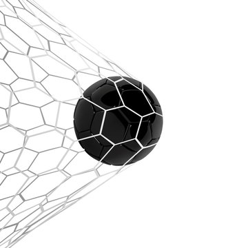 Realistic black soccer ball or football ball in net on black background. 3d Style Ball.