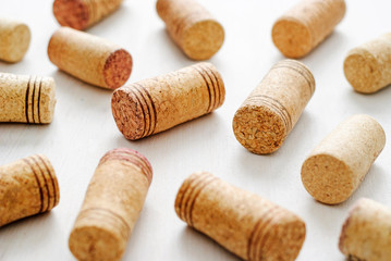 Wine bottle corks from high angle in closeup