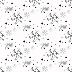 Snowflake simple seamless pattern. Black snow on white background. Abstract wallpaper, wrapping decoration. Symbol of winter, Merry Christmas holiday, Happy New Year celebration Vector illustration