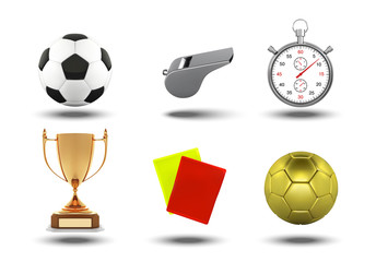 Soccer set of icons with referees objects, trophy, football ball, stopwatch, yellow and red card isolated on white background  illustration.