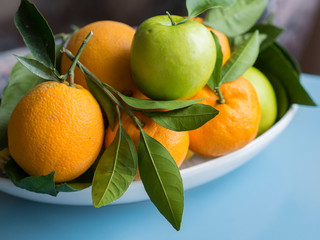 tangerine, orange and green apples in white plate. Organic fruits standing on wooden floor with leaves
