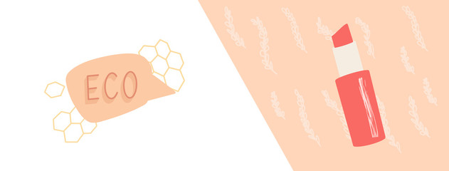 Organic cosmetics banner. Lipstic illustration. Horizontal template design of brochures, booklets, posters, banners about organic cosmetics, organic shop. Facebook cover