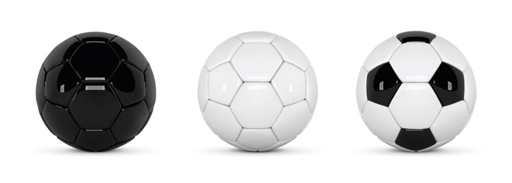 Set of realistic soccer balls or football ball on white background. 3d Style  Ball. Soccer black and white balls