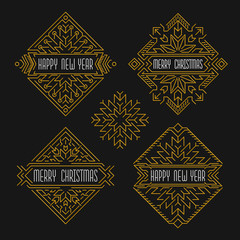 Merry Christmas and Happy New Year badges. Frames in outline style. Christmas banners with ornamental snowflakes in golden colors.