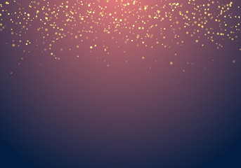 Abstract falling golden glitter lights texture on a dark blue background with lighting.