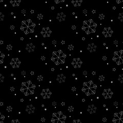Seamless navy black background with snowflakes. Pattern snowfall with sparkling flares.