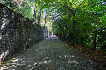 view of the seventeenth-century baroque chapels, dedicated to the life of St. Francis of Assisi, in the park of the Orta sanctuary on Lake Orta in Piedmont, Italy.