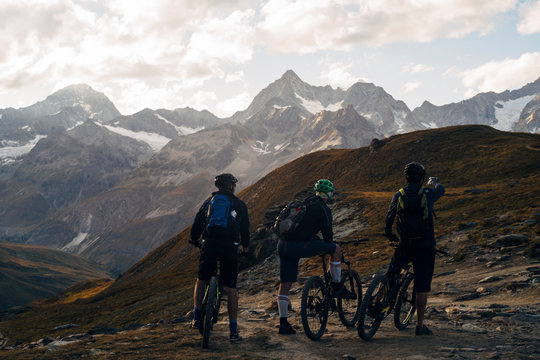 Gornergrat in Zermatt, Switzerland: Mountain bikers enjoying beautiful scenery