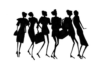 silhouette of girls models on the show, girls are shopping