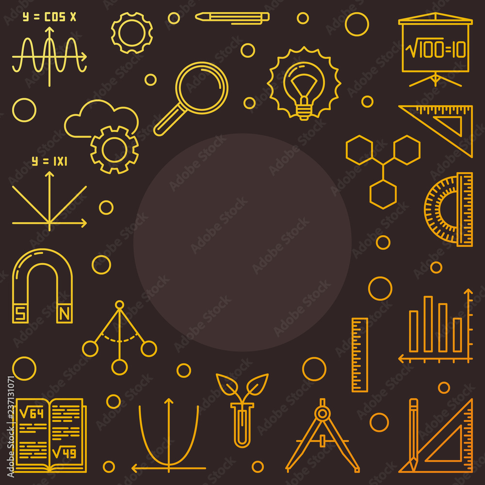 Poster stem learning square golden frame. vector concept illustration in thin line style on dark background