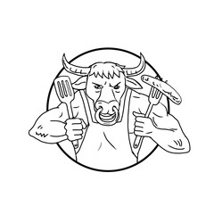 Longhorn Bull Holding Barbecue Sausage Drawing Black and White