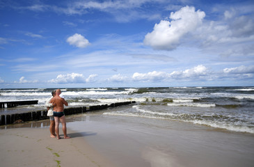 12 JULY 2018 - OSTROW, POLAND: Polish Baltic sea during summer - obrazy, fototapety, plakaty