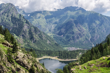 Aerial view of Antrona Lake in Antrona Valley,  Piedmont, Italy.