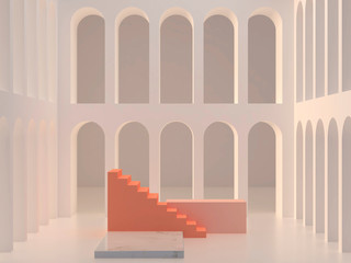 Marble podium with cream stairs and a pink podium. Arches background in cream colors. Trendy mock-up. 3d rendering