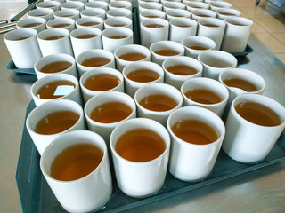 Many cups of pink compote on tray