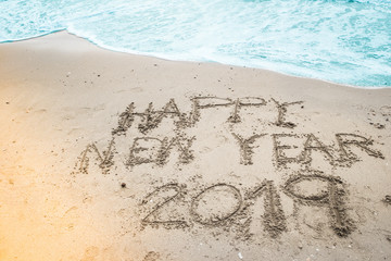 Happy New Year 2019, Text on the beach