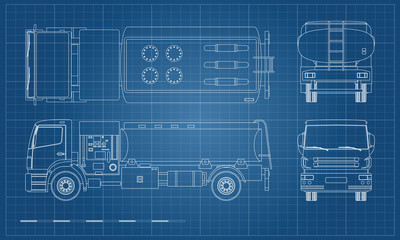 Air fuel truck in outline style. Front, side, top and back view. Maintenance of aircraft. Airfield transport. Tanker for airplane. Industrial 3d realistic blueprint. Vector isolated  illustration