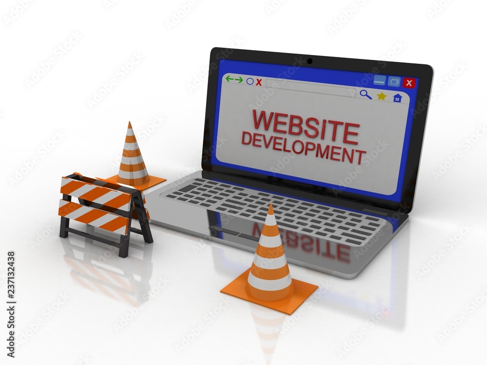 Poster 3d rendering traffic cone with website development laptop