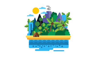 Naklejka premium Tropical island, beautiful landscape with ocean, beach, palm trees, volcano and waterfall vector Illustration