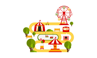 Obraz premium Amusement park attractions, circus tent, ferris wheel, merry go round flat vector Illustration