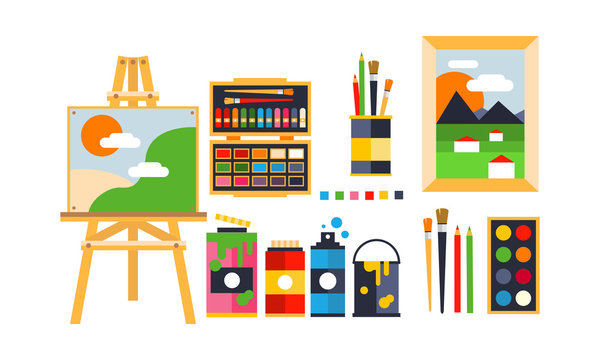 Painter icons set, painting, art tools and materials flat vector Illustration on a white background