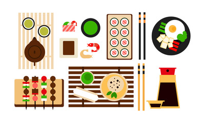 Japanese food dishes set, traditional Asian food menu flat vector Illustration on a white background