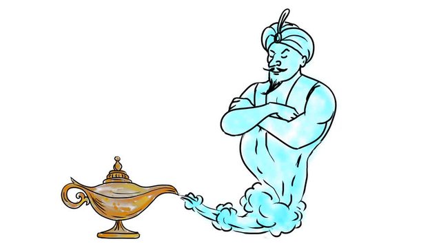 2d Animation motion graphics showing a watercolor of a blue Arabian genie coming out of a golden or gold oil lamp  on white screen in HD 1080 high definition.
