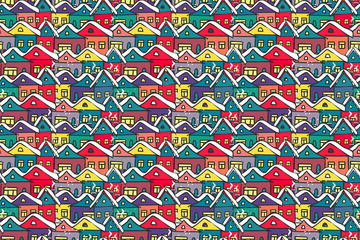 Vector seamless pattern many hand drawn gingerbread multicolored houses. Background for bedding, textile, wallpaper, wrapping, cover page, web site, card, carton, typographic print, fabric, banner.
