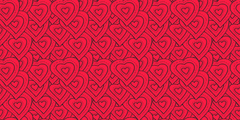 Vector seamless pattern bright red hearts in black outlines. Background for bedding, textile, wallpaper, wrapping, card, cover page, web site, banner, typographic print.