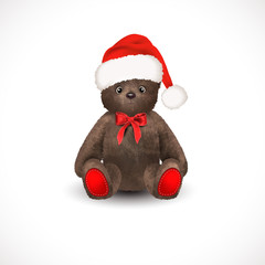 Sitting fluffy cute brown teddy bear with christmas santa claus hat a red bow. Children's toy isolated on a white background. Realistic vector illustration