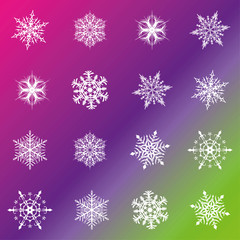Snowflake vector icon gradient background set. UFO green, proton purple and plastic pink gradient. 2019 Trend. Winter white christmas snow flake crystal element. Weather illustration ice collection.