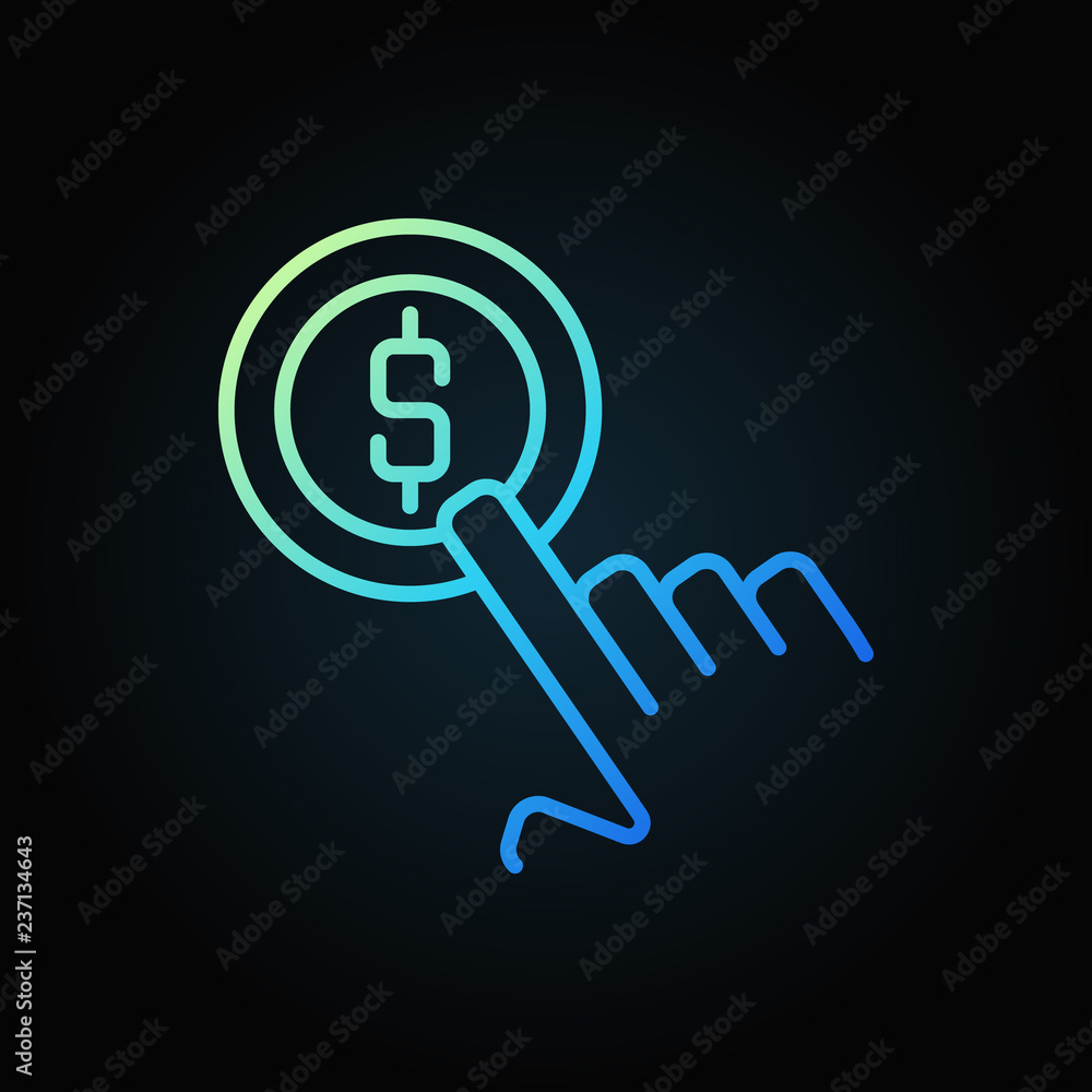 Poster finger with coin vector colored line icon or design element on dark background