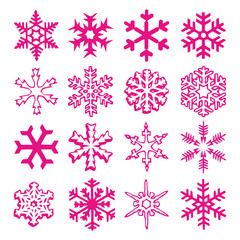 Naklejka na ściany i meble Snowflake vector icon background set plastic pink color. Trend 2019. Winter white christmas snow flake crystal element. Weather illustration ice collection. Xmas frost flat isolated silhouette symbol