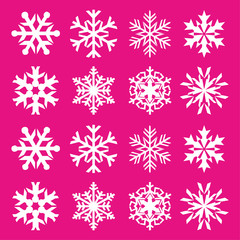Naklejka na ściany i meble Snowflake vector icon background set plastic pink color. Trend 2019. Winter white christmas snow flake crystal element. Weather illustration ice collection. Xmas frost flat isolated silhouette symbol